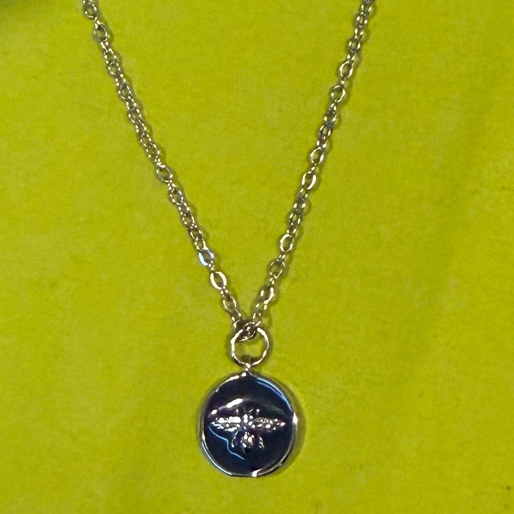 Silver and Dark Blue CD Bee Pendant Necklace